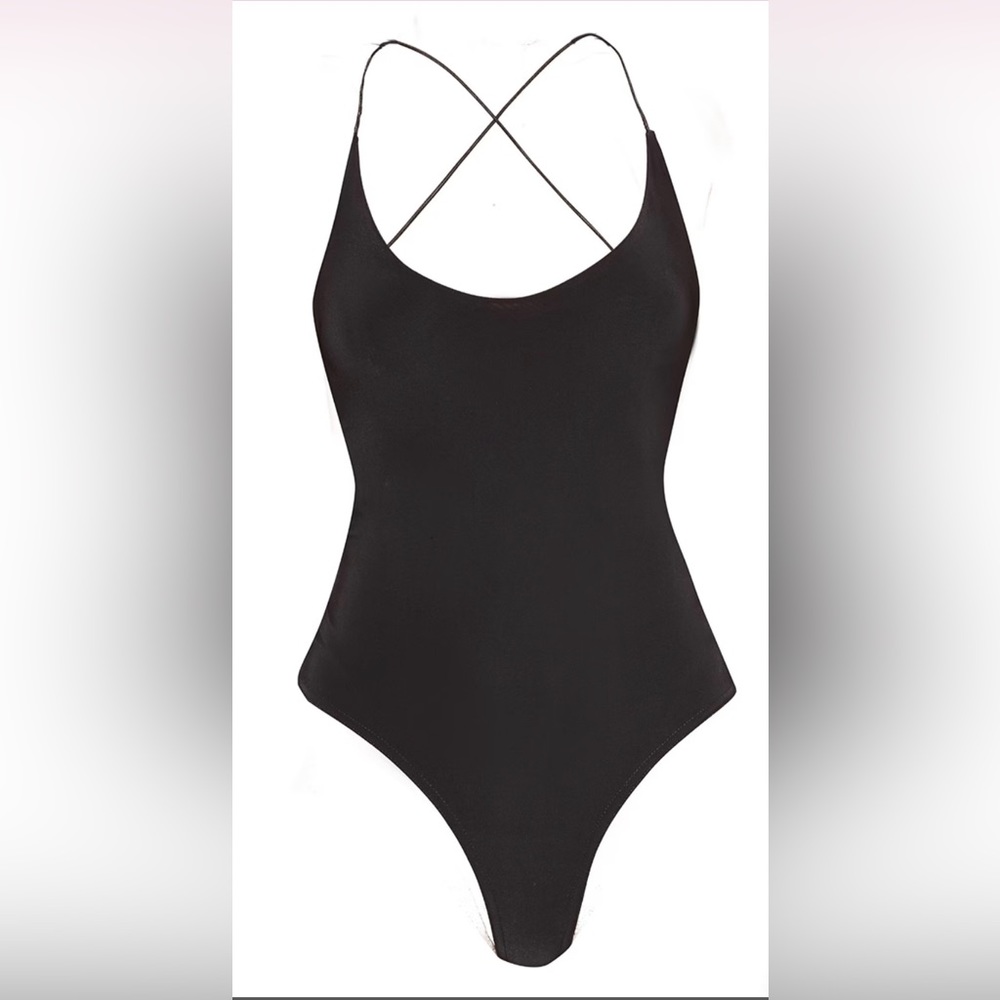 NWT PrettyLittleThing Black Slinky Spaghetti Strap Backless Bodysuit UK 12/US 8